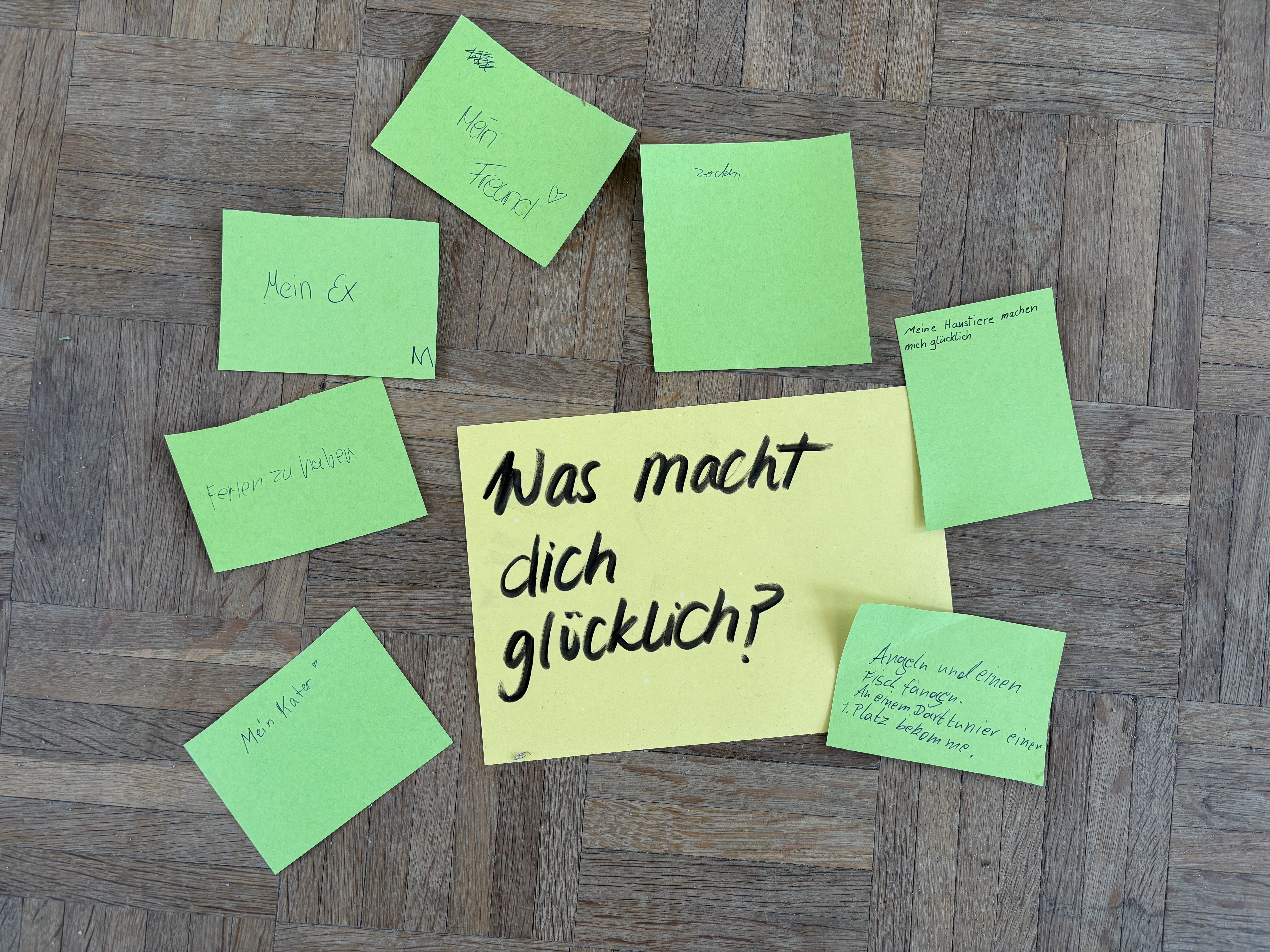 Moderationskarten liegen mit Notizen auf dem Boden angeordnet